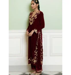 Maroon Embroidered Velvet Kurta Set