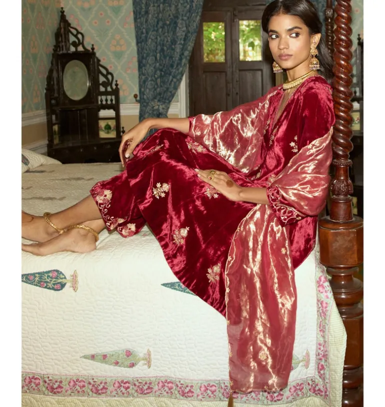 Maroon Embroidered Velvet Short Kalidar Kurta Set