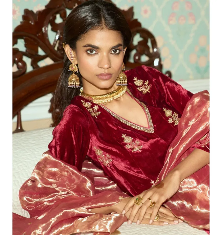 Maroon Embroidered Velvet Short Kalidar Kurta Set
