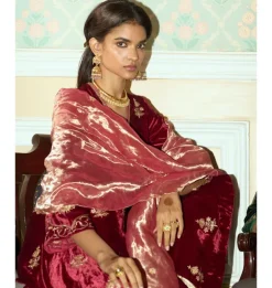 Maroon Embroidered Velvet Short Kalidar Kurta Set