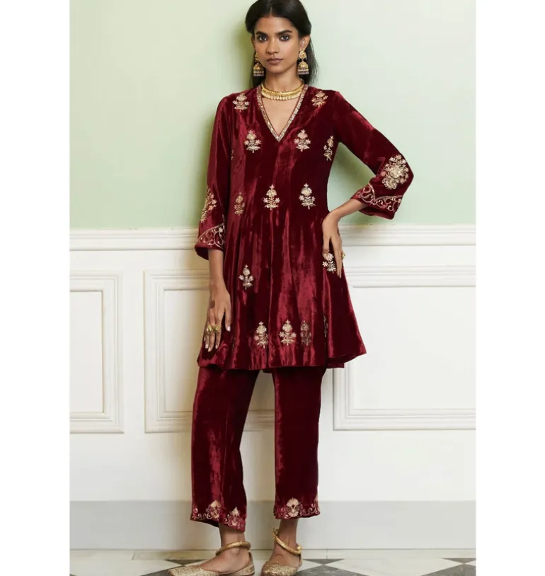 Maroon Embroidered Velvet Short Kalidar Kurta Set