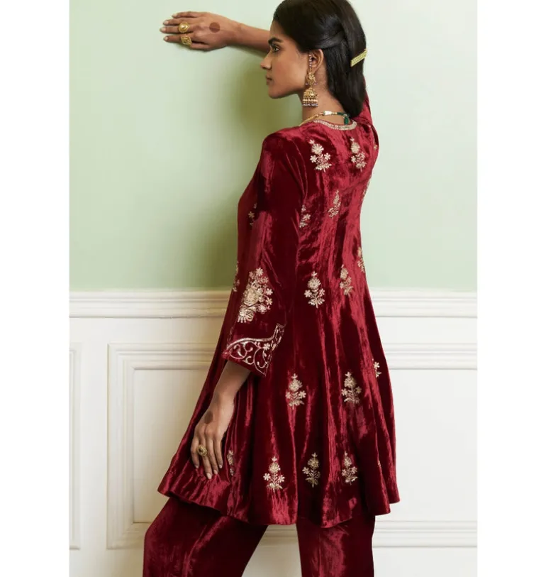 Maroon Embroidered Velvet Short Kalidar Kurta Set