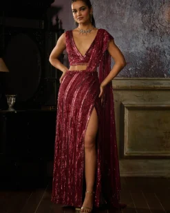 Maroon Fully Embroidered Blouse And Slit Skirt Sari