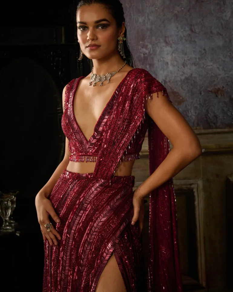Maroon Fully Embroidered Blouse And Slit Skirt Sari