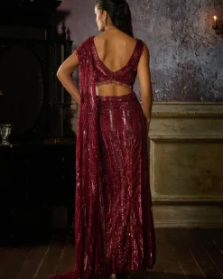 Maroon Fully Embroidered Blouse And Slit Skirt Sari