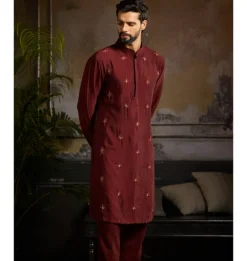 Maroon Mateilc Floral Butta Embroidered Kurta Paired With Maroon Pants