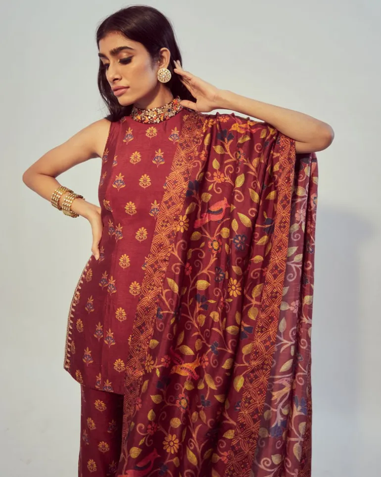 Maroon Printed Kurta Set