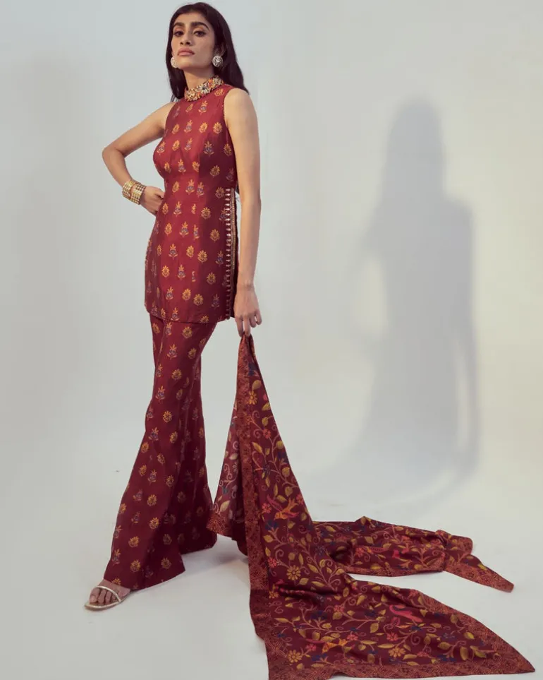 Maroon Printed Kurta Set