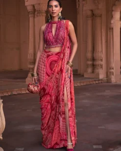 Maroon Thikri Highlighted Slit Sari Set