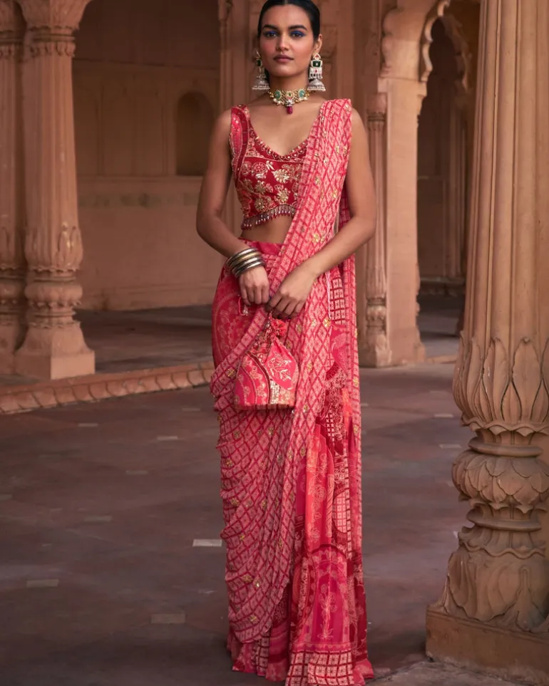 Maroon Thikri Print & Highlighted Gharara Sari Set