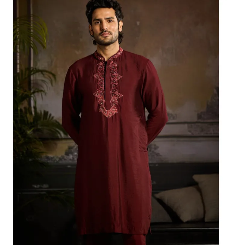 Maroon Tone On Tone Trianglemotifs Embroidered Kurta Paired With Maroon Pants