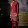 Maroon With Ivory Circle Thikri Embroidered Jacket With Maroon Pants