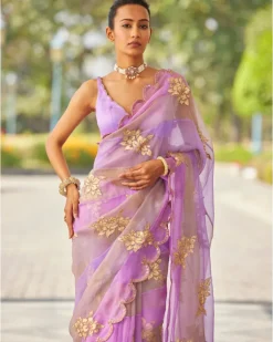 Mauve Multicolor Flower Sari Set