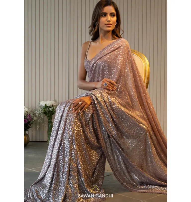 Mauve Silver Sequins Sari Set
