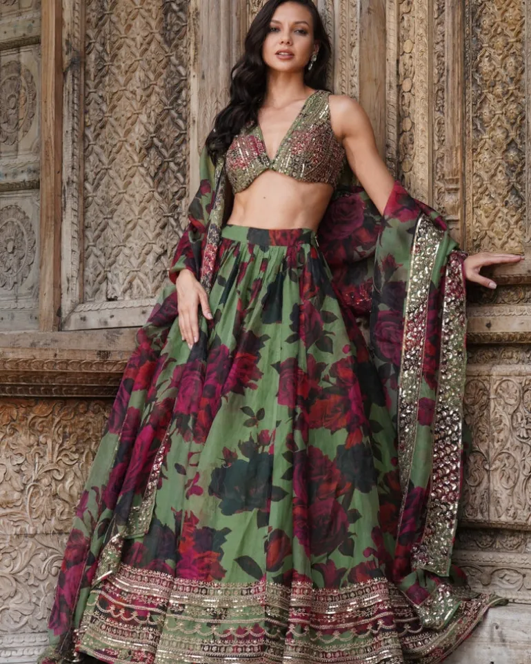 Mehndi Green Floral Lehenga Set