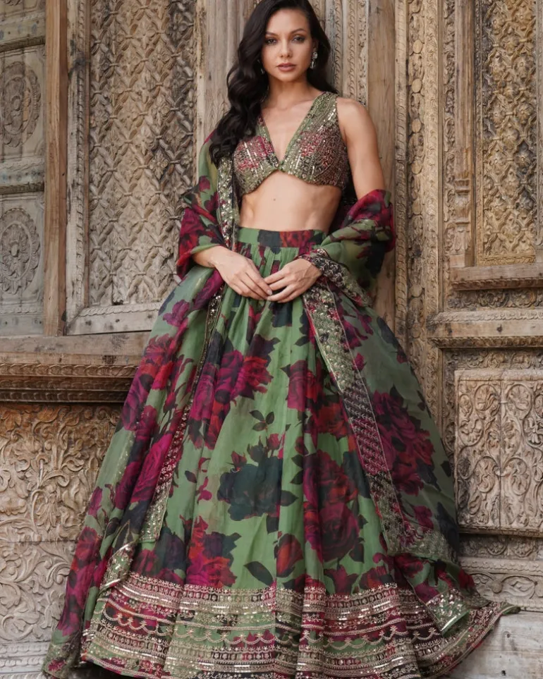 Mehndi Green Floral Lehenga Set