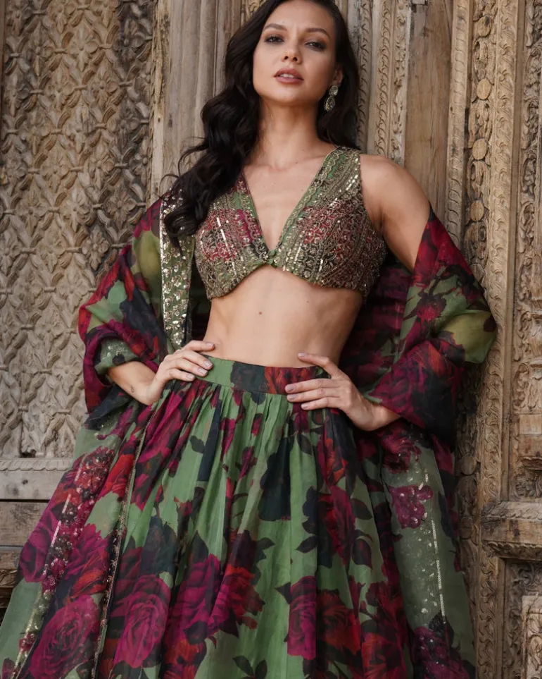 Mehndi Green Floral Lehenga Set