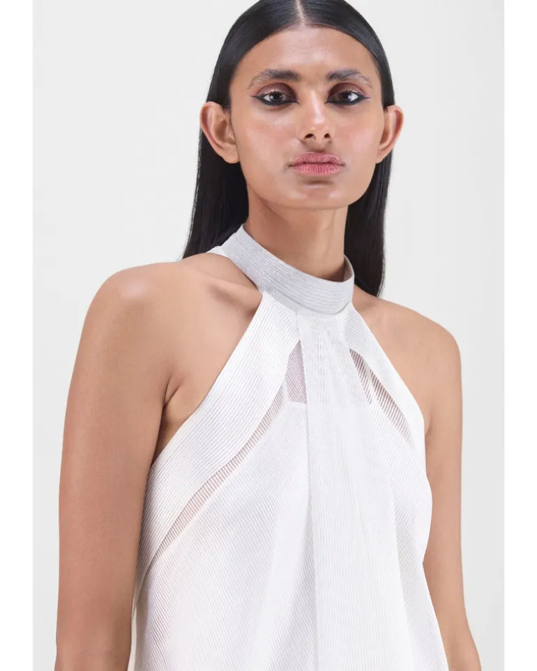 Metallic Fluid Halter Dress