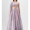 Metallic Fluted Tulle Printed Skirt And Beaded Top Set