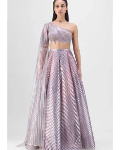 Metallic Fluted Tulle Printed Skirt And Beaded Top Set