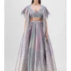 Metallic Fluted Tulle Printed Cape And Skirt Set