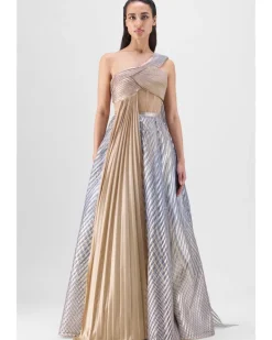 Metallic Fluted Tulle Printed Skirt And Top With Two Drapes Set