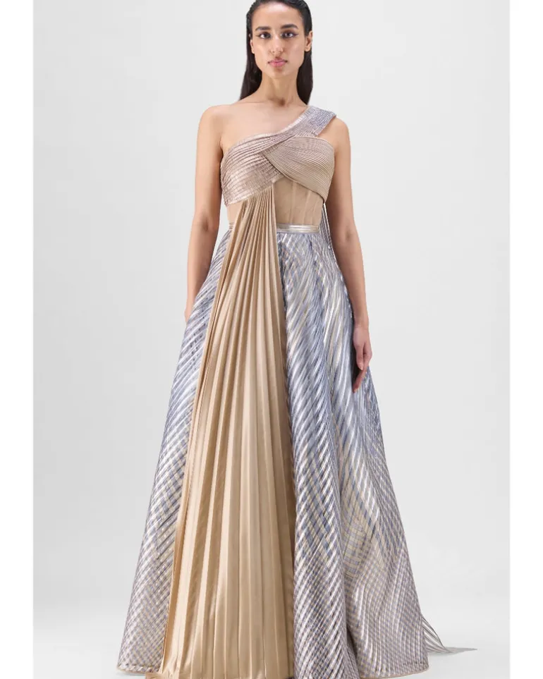 Metallic Fluted Tulle Printed Skirt And Top With Two Drapes Set