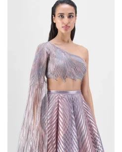 Metallic Fluted Tulle Printed Skirt And Beaded Top Set