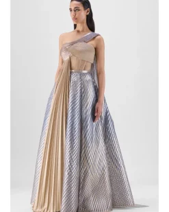 Metallic Fluted Tulle Printed Skirt And Top With Two Drapes Set