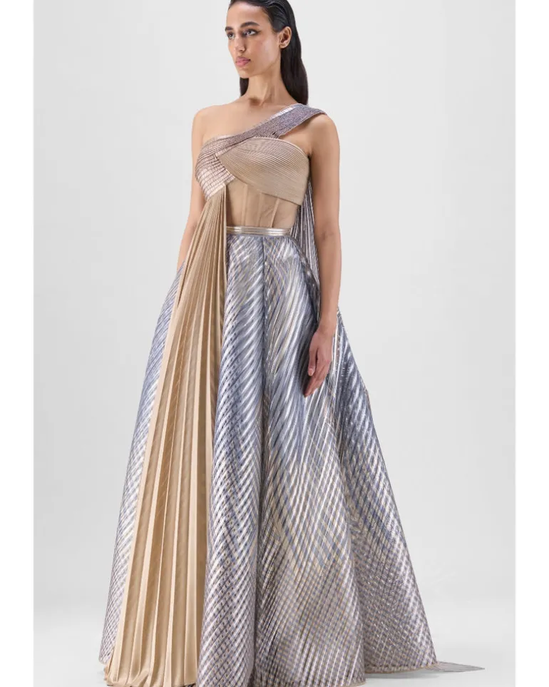 Metallic Fluted Tulle Printed Skirt And Top With Two Drapes Set