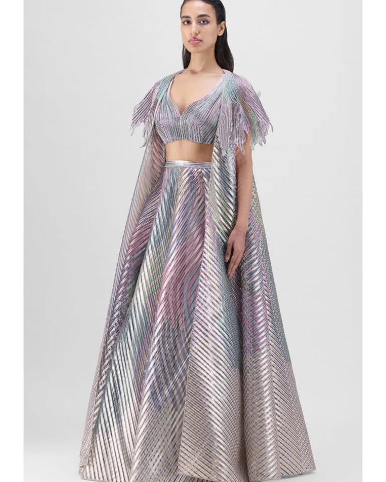 Metallic Fluted Tulle Printed Cape And Skirt Set