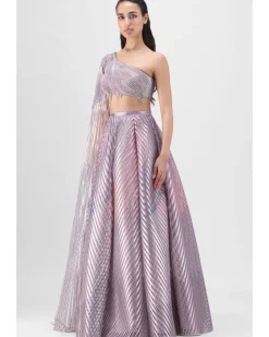 Metallic Fluted Tulle Printed Skirt And Beaded Top Set