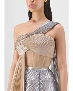 Metallic Fluted Tulle Printed Skirt And Top With Two Drapes Set