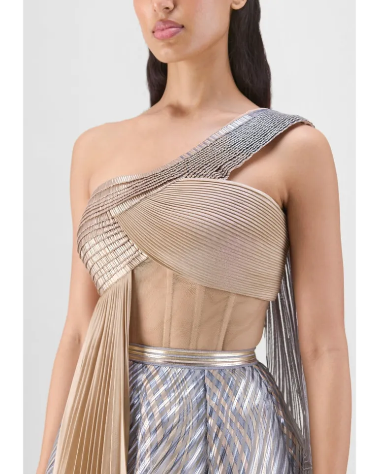 Metallic Fluted Tulle Printed Skirt And Top With Two Drapes Set