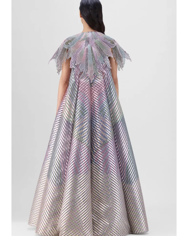 Metallic Fluted Tulle Printed Cape And Skirt Set