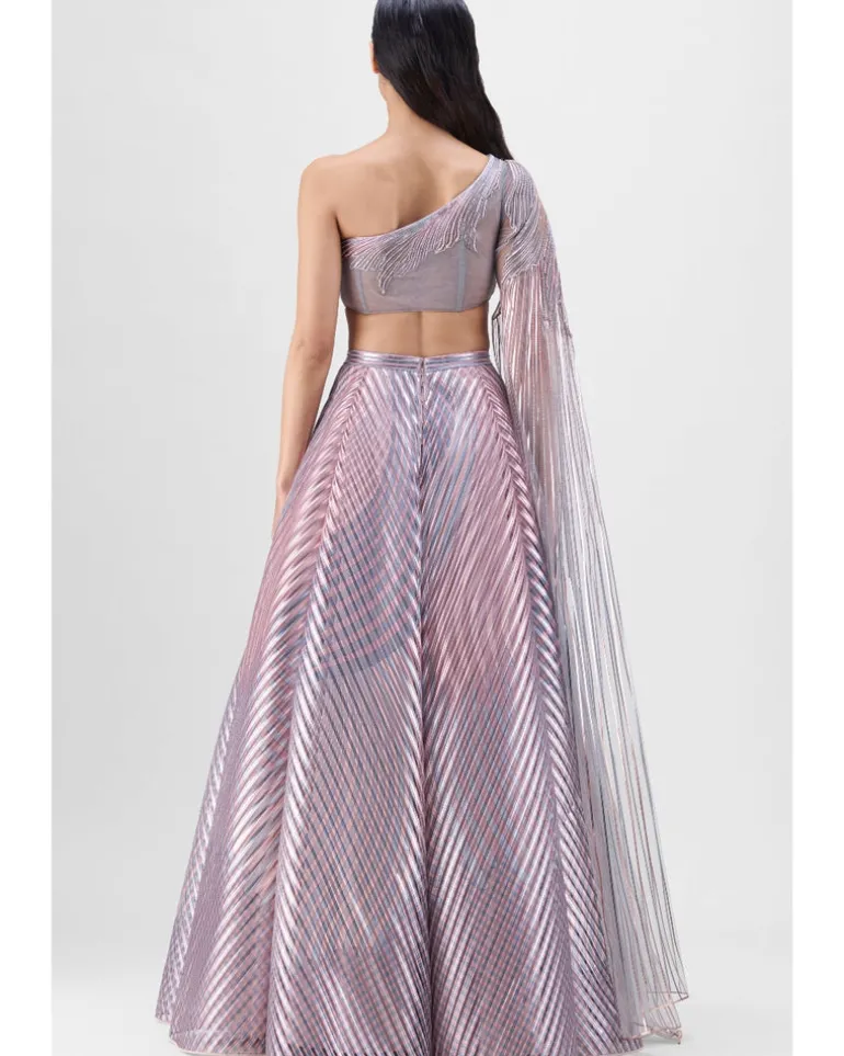 Metallic Fluted Tulle Printed Skirt And Beaded Top Set