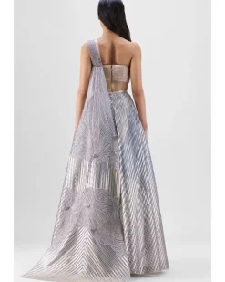 Metallic Fluted Tulle Printed Skirt And Top With Two Drapes Set
