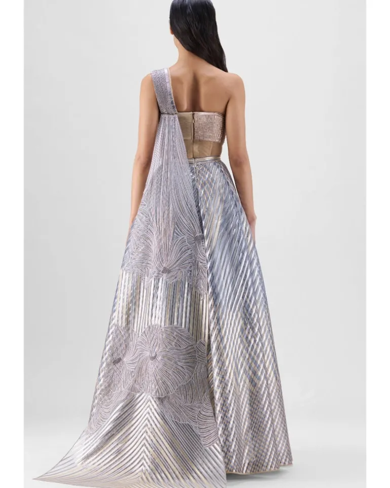 Metallic Fluted Tulle Printed Skirt And Top With Two Drapes Set