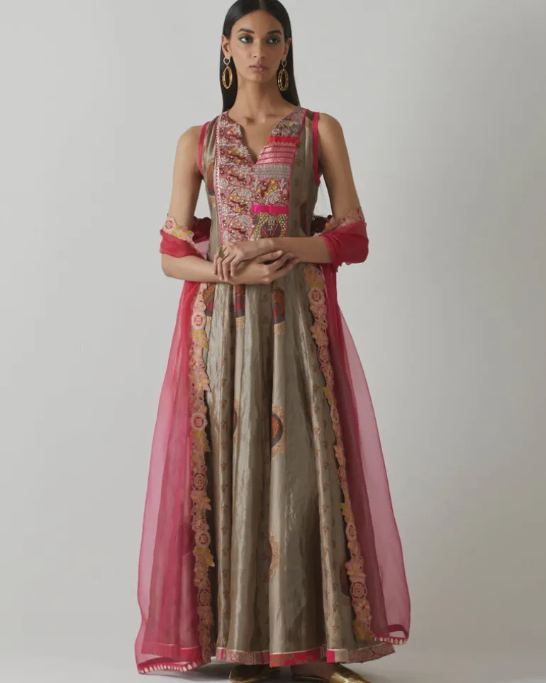 Metallic Grey & Fuchsia Anarkali Set