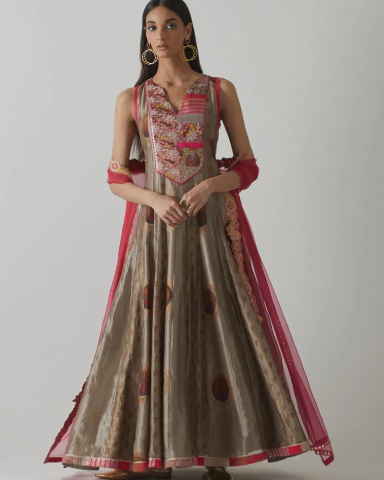 Metallic Grey & Fuchsia Anarkali Set