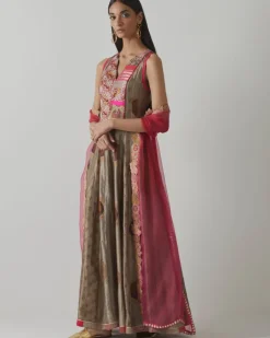 Metallic Grey & Fuchsia Anarkali Set