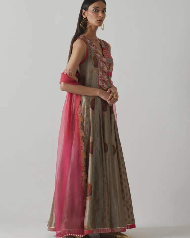 Metallic Grey & Fuchsia Anarkali Set