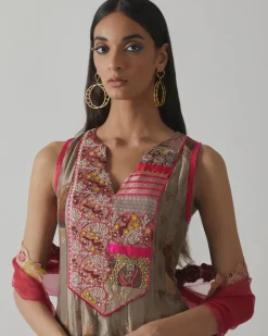 Metallic Grey & Fuchsia Anarkali Set