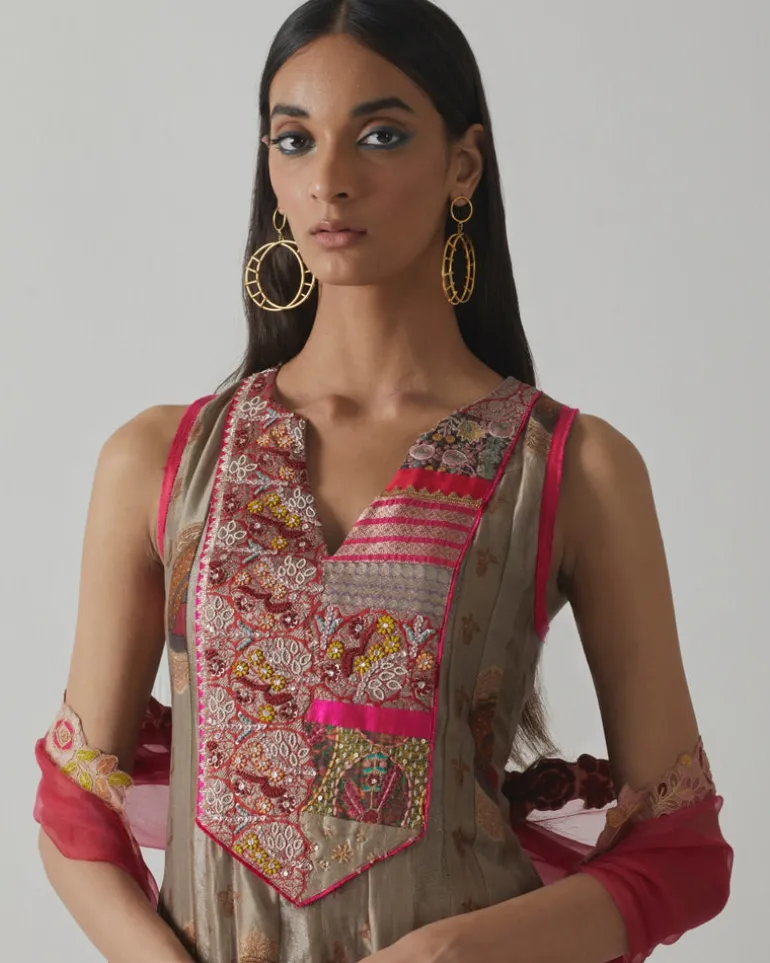 Metallic Grey & Fuchsia Anarkali Set