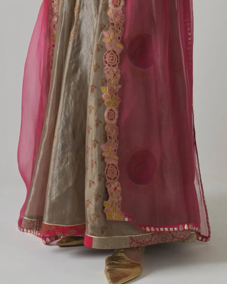 Metallic Grey & Fuchsia Anarkali Set