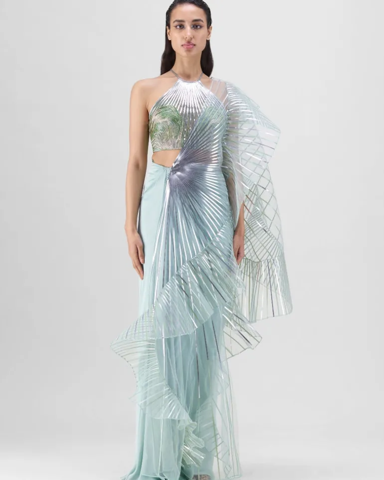 Metallic Winged Ruffle Sari Set