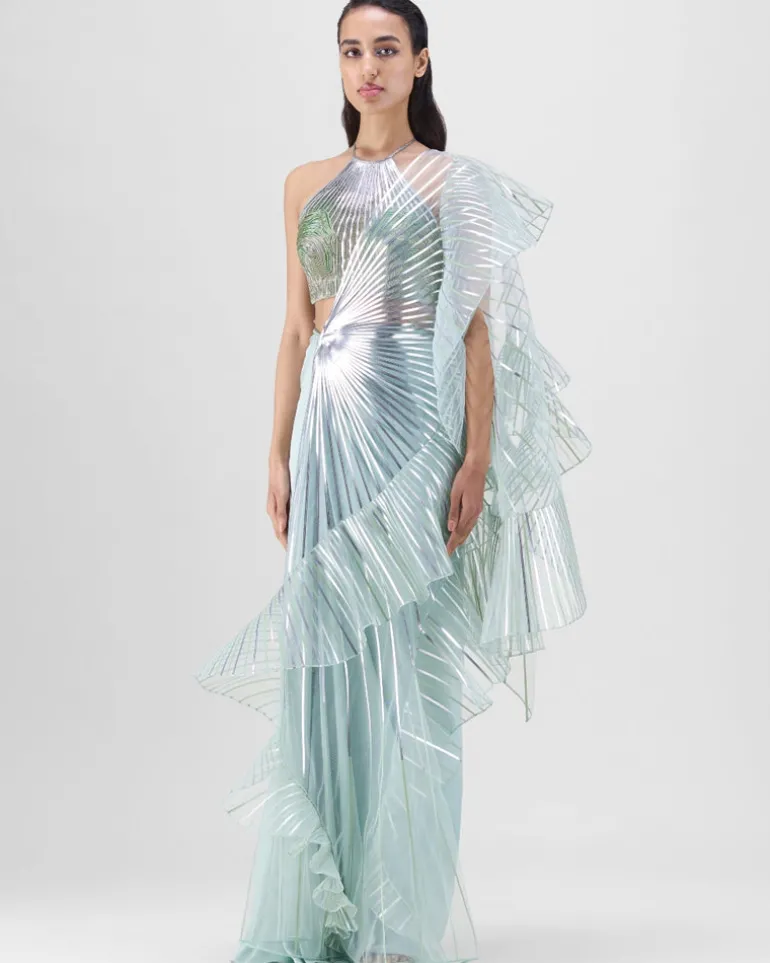 Metallic Winged Ruffle Sari Set