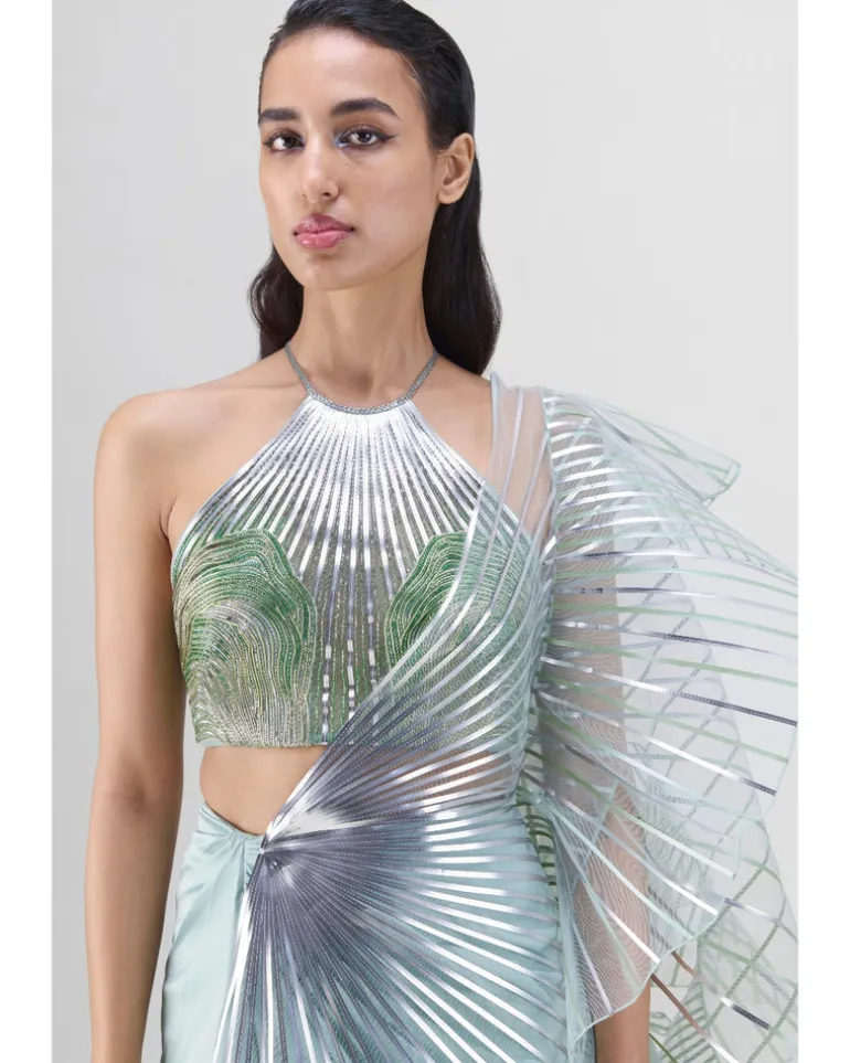 Metallic Winged Ruffle Sari Set