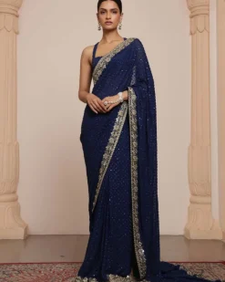Midnight Blue And Gold Star Butti Sari Set