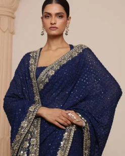 Midnight Blue And Gold Star Butti Sari Set